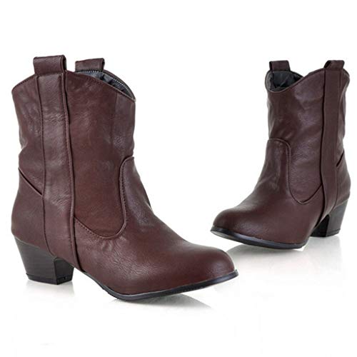 MIOKE Women's Cowboy Western Ankle Boots Round Toe Slip On Chelsea Bootie Stacked Low Heel Dressy Short Boot2