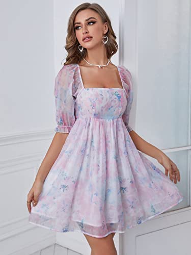 Wdirara Women's Floral Print Square Neck Puff Short Sleeve High Rise Flare Organza Dress Multicolor S #TOP2