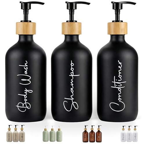 FCINNOVA Dispensador Jabon Baño Negro Mate 500ml Set de 3 Botes para Gel y Champu Acondicionador Embudo para Rellenado Este Dosificador Jabon Baño es Elegante practico y mantendra su Ducha ordenada