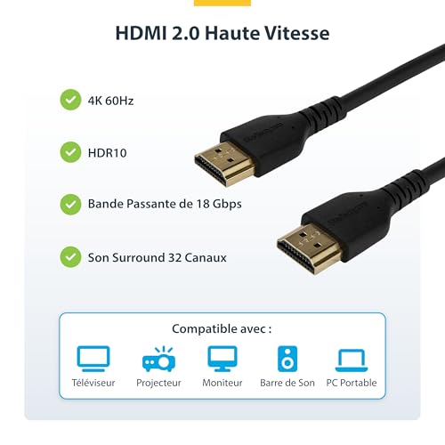 Câble HDMI 2.0 blindé en fibre d'aramide StarTech.com 2m pour TV 4K - 2