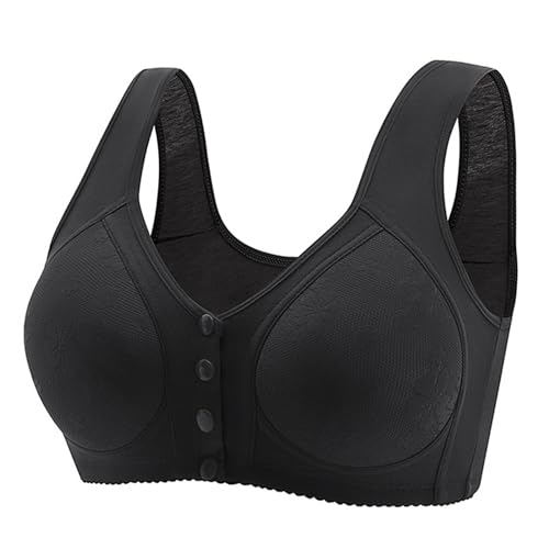 Flodxo Front Fastening Bras for Women UK Front Button Wireless Bra for Elderly Non Wired Support Floral Print Bralette Breathable Push Up Bralette Seamless Tshirt Bras Black S