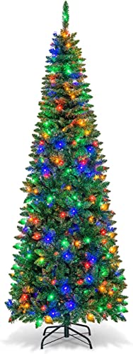 COSTWAY 135/200/225cm Bleistift Weihnachtsbaum mit mehrfarbigen LED-Leuchten, künstlicher Tannenbaum mit Klappsystem und Metallständer, Christbaum PVC Nadeln, Kunstbaum Weihnachten Grün (200cm)