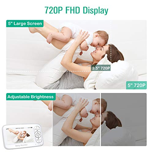 Video Baby Monitor, OMORC 5\" 720P HD Display Baby Monitor with Camera and Audio, IPS Screen, 1000ft Range, Two-Way Audio, Night Vision and Temperature Monitor, Baby Camera with Optical Lens - Thumbnail 2