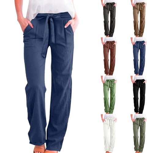 Linen Pants Women Plus Size Business Dress Pants Summer Tie Knot Wide Leg Pant High Waisted Palazzo Pant
