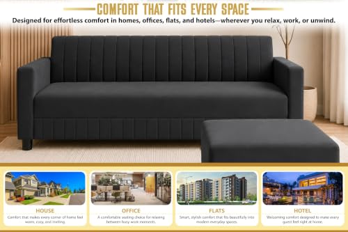 Image of 3 Seater Velvet Sofa with Ottoman | Modern Upholstered Couch | Comfortable Living Room Sofa | Durable & Stylish Seating for Home, Office & Guest Room - Black Color