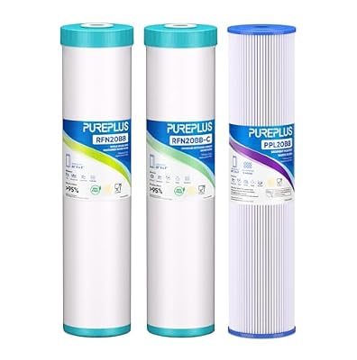 PUREPLUS 4.5"x 20" 3-Stage Whole House Water Filter Cartridge Combo Kit with Pleated Sediment, Iron & Manganese Reduce, and Granular Activated Carbon Filter - 5 Micron Water Filtration Replacement Kit