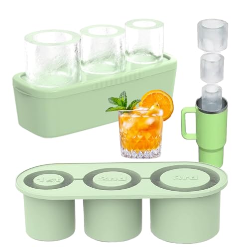 Ice Cube Tray for Tumbler Cup 40 Oz Stanley Cup Silicone Ice Cube Moulds 3Pcs Cylinder Ice Mold Easy Fill & Release Ice Maker with Lid & Bin for Whiskey Cocktails Coffee Drinks (Green)
