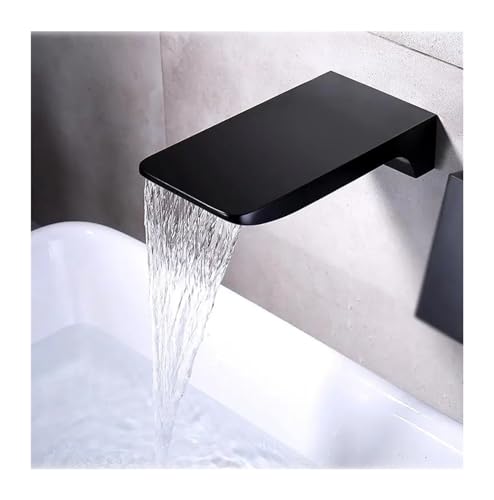 Lavabo negro de diseño con grifería mural cepillada y salida en cascada