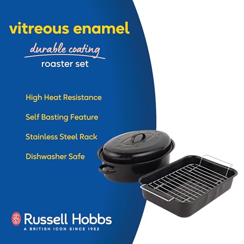 Russell Hobbs COMBO-1922 Vitreous Enamel 34cm Roaster and 36 cm Roasting Pot with Lid -Durable Steel Ovenware, Rectangular Roasting Pan with Stainless Steel Rack, Dishwasher Safe, Black - Image 3