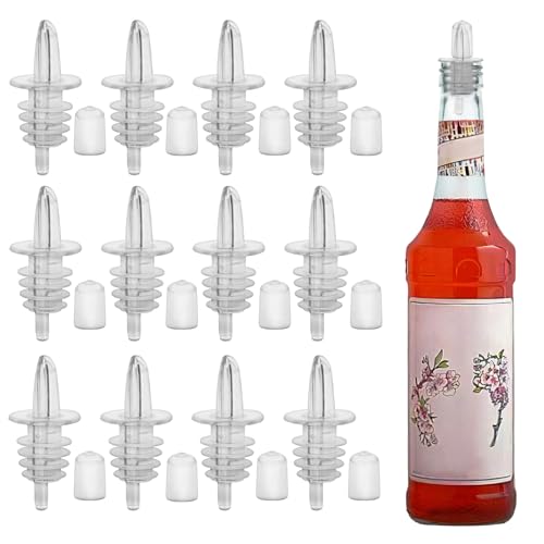 12 PCS Bottle Pourers And 12 PCS rubber pourers dust cap covers Syrup Pourer Pour Spouts Plastic Liquor Bottle Pourers with Rubber Pourers Dust Cap Covers Bottle Pourers (Clear)