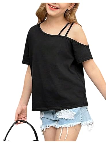 OYOANGLE Girl's Asymmetrical Neck Short Sleeve Tshirts Summer Trendy One Shoulder Tops