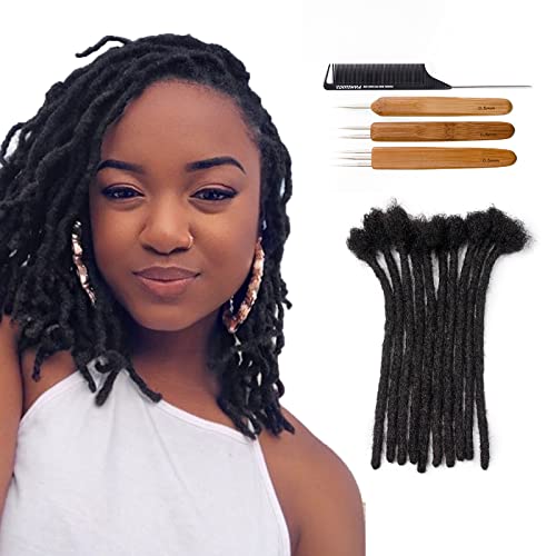 FAMILOCS 6 Inch 10 Strands 100% Real Dreadlock Extensions Human Hair for Women Men 0.6cm Width Handmade Loc Extensions Human Hair with Needle and Comb, Can Be Dyed, Curled and Bleached