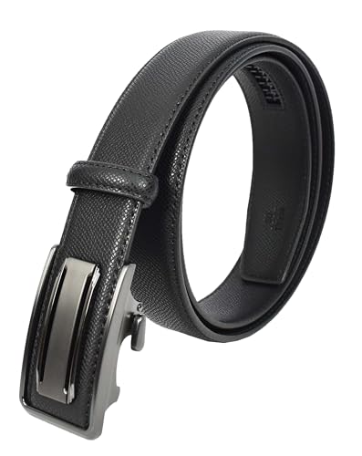 Mens Real Leather Adjustable Ratchet Automatic Casual Buckle Belt For Dress Pant Jeans Luton, Black, Length 97 cm, 32