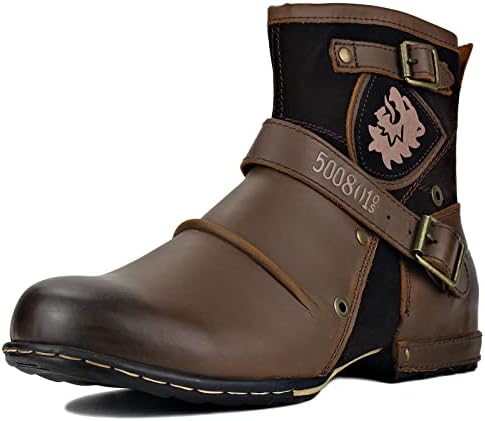 OSSTONE Moto Boots for Men Fashion Zipper-up Leather Chukka Boots Casual Shoes OS-5008-1-br-US10.5-R Brown