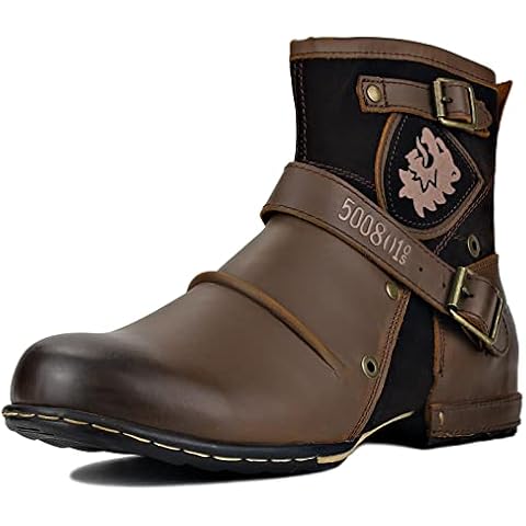 OSSTONE Moto Boots for Men Fashion Zipper-up Leather Chukka Boots Casual Shoes OS-5008-1-br-US10-R Brown Cover