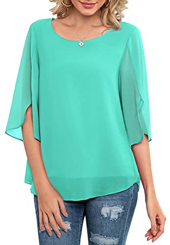 Neineiwu Women's Chiffon Blouse 3/4 Ruffle Sleeve Scoop Neck Loose Fit Top
