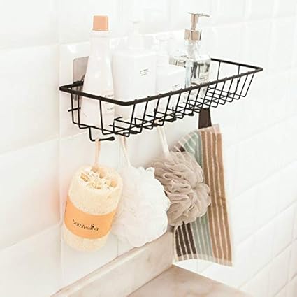 Dayalu Self-Adhesive Metal Bathroom Corner Rack Storage Shelves Wall Hanging with 6 Hook Spoon Knife Holder Bottle Stand Wardrobe Organizer - (Black)