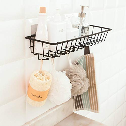 Dayish Multipurpose Storage Rack Kitchen Wall-Mount Seasoning Rack with 6 Hook Spoon Holder, Self-Adhesive Bathroom Storage Organizing Shelves Basket (Black)