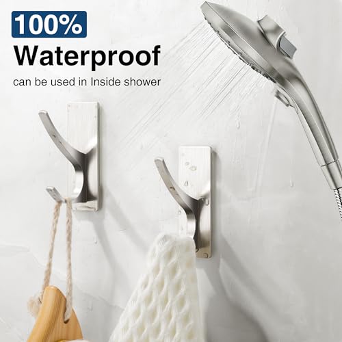 Josmimic Self Adhesive Towel Hooks: Extra Strong 13LB, Stainless Hook for Hanging Loofah, Towels, Coat, Bath Robe Bathroom Shower, Brushed Nickel, 4 Pack