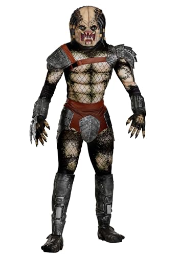 Mens Premium Predator Warrior Costume Jumpsuit with Mask, & Accessories for Halloween, Cosplay, or Party Large