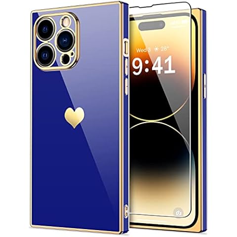 IKAZZ for iPhone 14 Pro Case with Screen Protector,Fashion Trendy Heart Shape Painting Cute TPU Protective Phone Cover Blue Cover