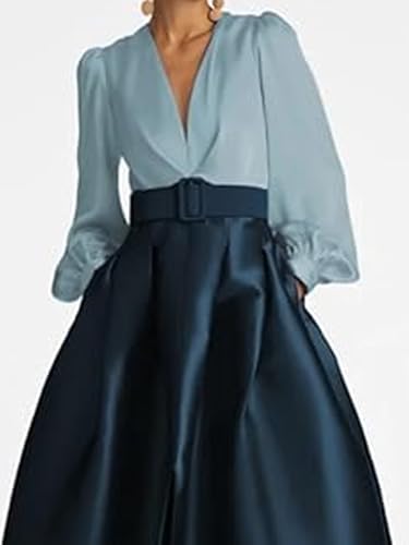 Elegant A-Line Satin Evening Dress V Neck Long Sleeve Floor Length Wedding Guest Dress with Pleats4