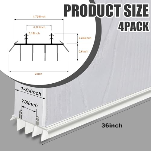 Pushglossy 4 Pcs Replacement Door Bottom with Vinyl Fins 36" Long 1 3/4" Wide Threshold Seal Bottom of Door Weatherstrip Kerf Weather Stripping for 7/8" Between Barbs (White) by Pushglossy - Image 2