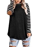 Yskkt Womens Plus Size Raglan Striped Shirts Elbow Patch Long Sleeve Casual Tunic Tops Black