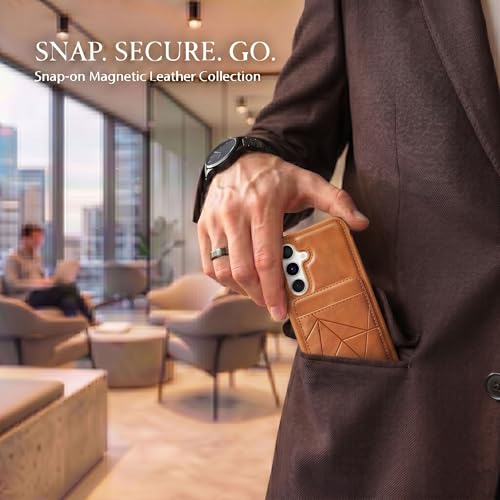Image of amazon basics Premium Vegan Leather Back Cover with Card Holder and Integrated Mobile Stand for Samsung Galaxy S25 5G - Slim Shockproof Wallet Case with Geometric Stitching [Tan]
