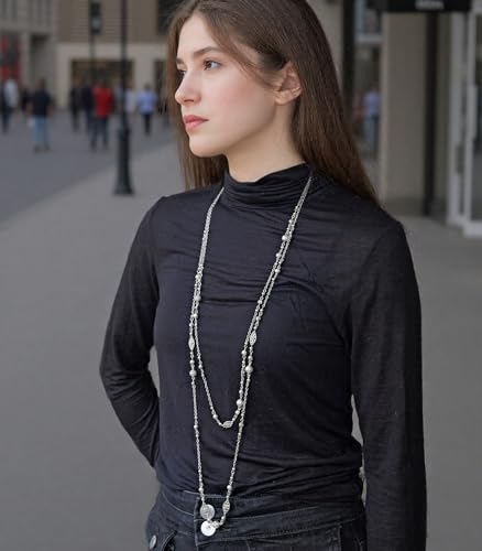Long Beaded Silver Necklaces for Women Layered Long Statement Necklace with Stone Pearl Beads Double Sweater Chain Costume Jewelry for Women4
