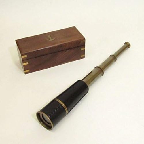 Thor Antique Brass Pullout Telescope, Wood Box Rustic Vintage Home Decor Gifts