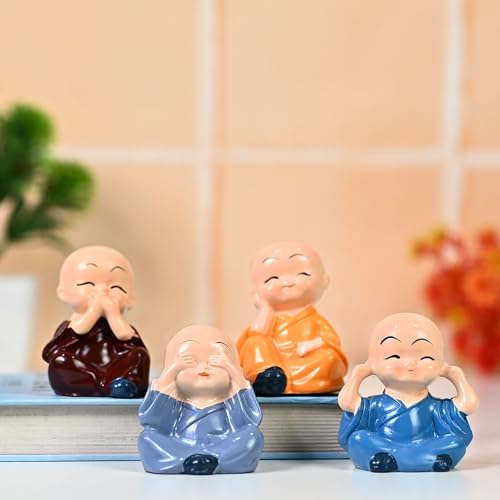 Image of HindCraft Mini Monk Figurines Set of 4 - See No Evil, Hear No Evil, Speak No Evil, Think No Evil Statues - Cute Ceramic Monk Ornaments for Home, Office, Meditation Festive Decor