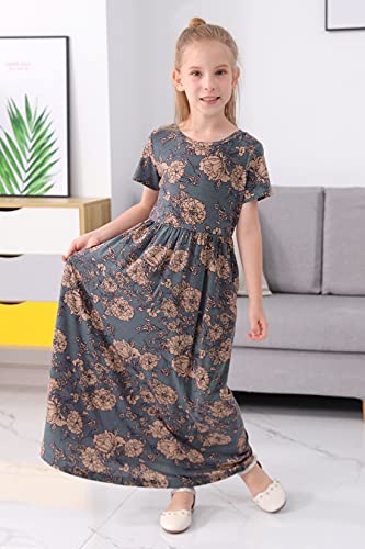 GORLYA Girl's Short Sleeve Floral Print Loose Casual Long Maxi Dress with Pockets 4-12 Years4