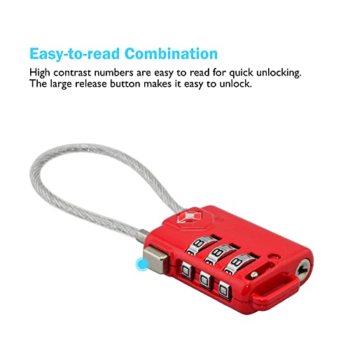 Lumintrail Tsa Approved Lock For Luggage Or Suitcase, Easy-To-Read 3 Digit Personalized Combination, Metal Travel Suitcase Luggage Lock, Red, With A 4-Ft Braided Steel Cable (2 Pack) #TOP3