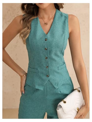 Women's 2 Piece Work Office Outfit Elegant Bow Tie Button Up Suit Vest and Pants Set3