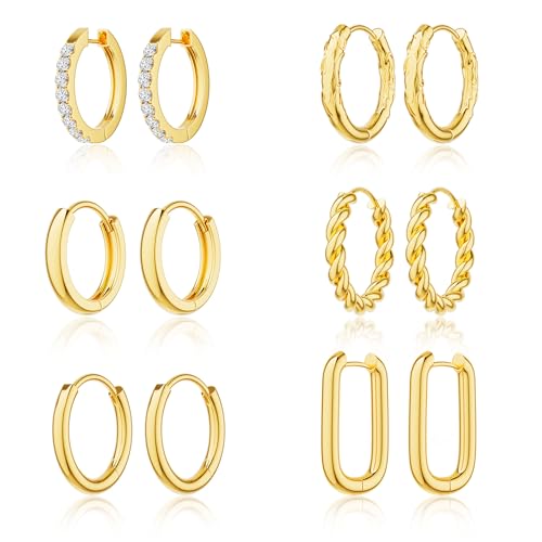 Moodear 6 Pairs Gold Hoop Earrings Set for Women 14K Gold Plated Hypoallergenic Thick Huggie Hoop Earrings Trendy Small Chunky Earrings Jewelry Gifts