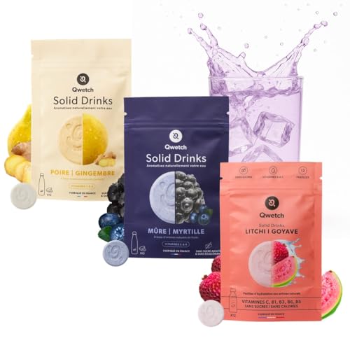 Qwetch SOLID DRINKS – 36 Pastilles d'hydratation avec Vitamines C & B – Boisson Sans Sucres – Saveurs Poire&Gingembre, Mûre&Myrtille, Litchi&Goyave – Vegan, Zéro Calories, Fabriqué en France