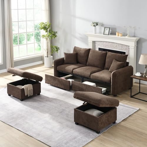 PUGSDRLY Canapé 3 Places en Tissu Chenille avec 2 Poufs de Rangement,Canapé d'angle Modulable en U avec 2 Tiroirs,pour Salon et Home Cinéma (Marron-C)