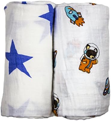 Babio Muslin & Bamboo Cotton 2 Pack Baby Swaddle Blanket Set - 47 inch x 47 inch - Blue/White/Orange