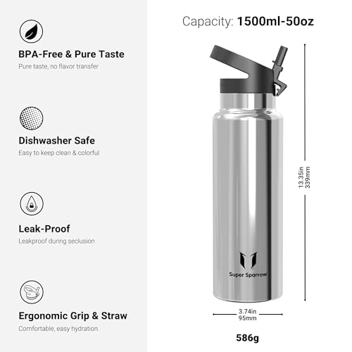 Super Sparrow Borraccia Termica 1.5L - Swivelsip Inox Bottiglia - Senza Bpa Borracce Termiche, Borraccia Ergonomica Per Bambini, Scuola, Sportiva, Bici, Campeggio, Palestra - 3