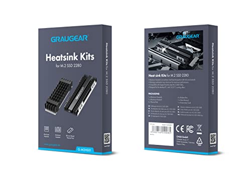 GRAUGEAR | 2x Aluminium-Kühlkörper für 2x M.2 2280 SSD | 2 Stücke M.2 Heatsink-Kühler Kit | Design für PC und PS5 | 3x Silikon Wärmeleitpads + Zubehör inkl. | G-M2HS01