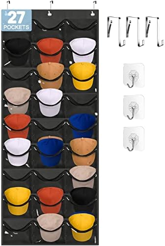 Owkjar 27 Large Pockets Hat Organizer for Baseball Caps,Hat Rack with 6 Hooks Over the Door or Wall Multiple Caps Display Storage Racks,Hat Holder Organizer for Golf Sports Caps Organization