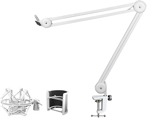 Mic Arm Stand for Recording,Podcasting,Adjustable Suspension Boom Scissor Arm Stand with Filter,Shock Mount White