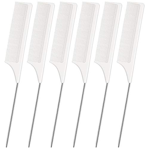 6 Pieces Seamless Teeth, Fine Toothed Rattail Combs White Steel Weaving Foiling Fine Tooth Rattail Hair Combs for Women Girls Salon