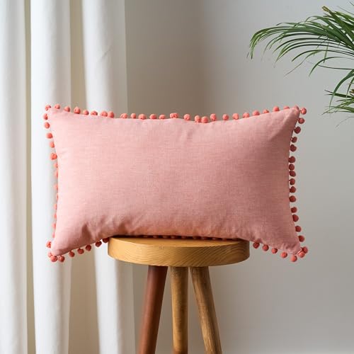 Image of 100% Cotton Pom Pom Cushion with Filler, Elegant & Modern Cushion Cover for Living Room, Rectangle, 12 inchx20 inch, uni Chambray, Set of 2 - Coral