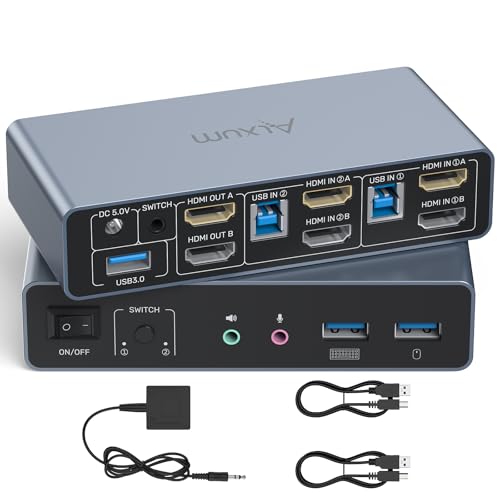 Alxum HDMI Conmutador KVM 2 monitores 2 ordenadores-4K60Hz, Pantalla extendida/espejo HDMI, con 3 puertos USB 3.0 Soporta control de cables de escritorioIncluye 2 cables USB3.0