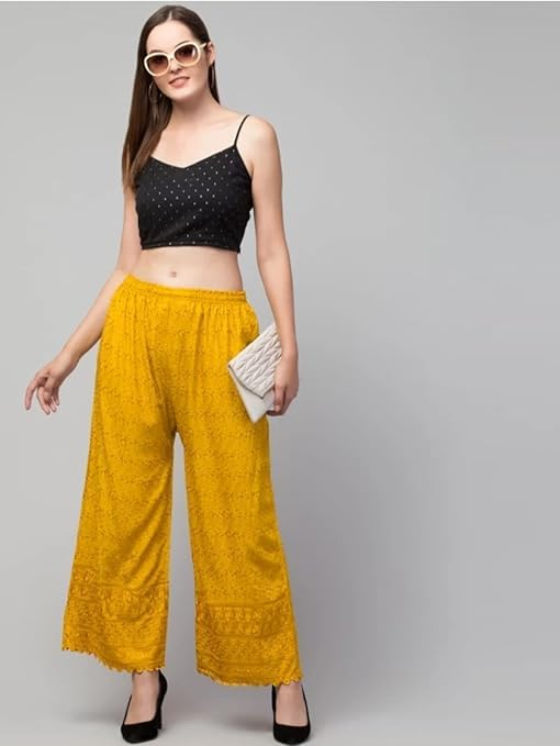 Image of Women's Palazzo Pants Rayon Trousers Chikankari Embroidered Lace Trim Wide Leg Straight Fit Flared Palazzo for Girls & Women