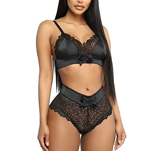 Conjunto Lencería Sexy Lazo Tiras Encaje Mujer Ropa Interior Babydoll 2 Piezas Sujetador Push up Tirantes y Braguitas Bralette Ajustable Escote V+Tanga Cintura Alta Satén Ropa Dormir (Negro, L)