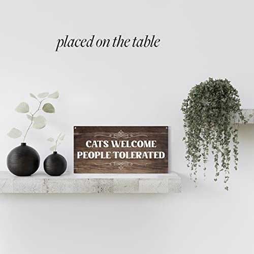 Funny Cat Welcome Sign Wood Wall Art Wall Hanging Decor Rustic Wooden Decorative Plaque Sign For Pet Shop Home Farmhouse Bathroom Front Door Cat Lover Gifts Cats Welcome People Tolerated Sign #TOP3