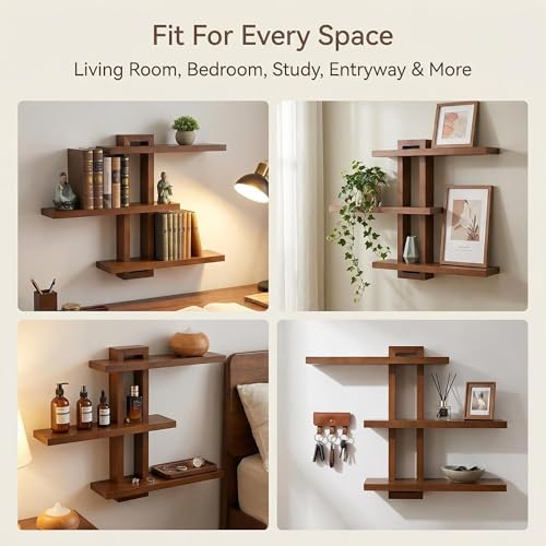 Image of yaqew Variable Floating Shelves Wood Set of 3, Cube Wall Mounted Shelves 28.35 inch Max, Wall Shelves for Living Room Bathroom Bedroom Farmhouse - Light Walnut Color - 28.35 inch x 23 inch x 4.3 inch Max